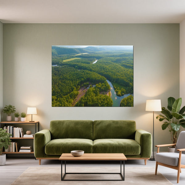 Leinwandbild Grüne Landschaft mit Fluss fuer Wohnzimmer gruen Querformat