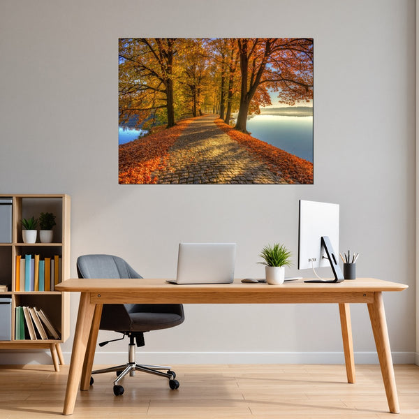 Leinwandbild Herbstliche Landschaft am Wasser fuer Büro- und Arbeitszimmer warmeFarben Querformat