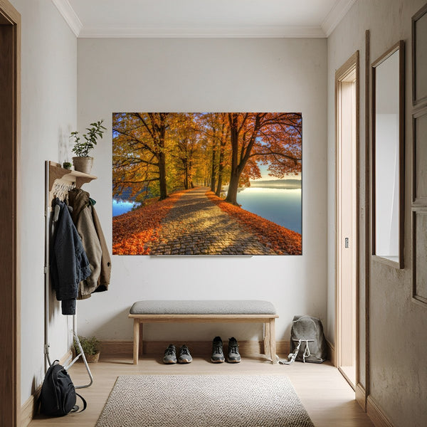 Leinwandbild Herbstliche Landschaft am Wasser fuer Flur und Eingang dunkelanthrazit Querformat