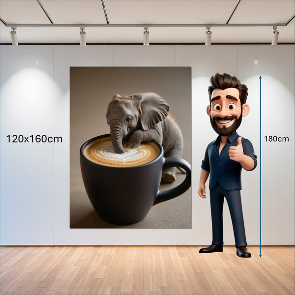 Leinwandbild Kaffeegenuss mit Elefant 120x160 cm Hochformat