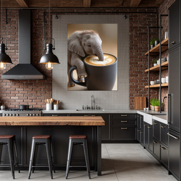 Leinwandbild Kaffeegenuss mit Elefant B-00016 fuer Kueche und Esszimmer dunkelanthrazit Hochformat