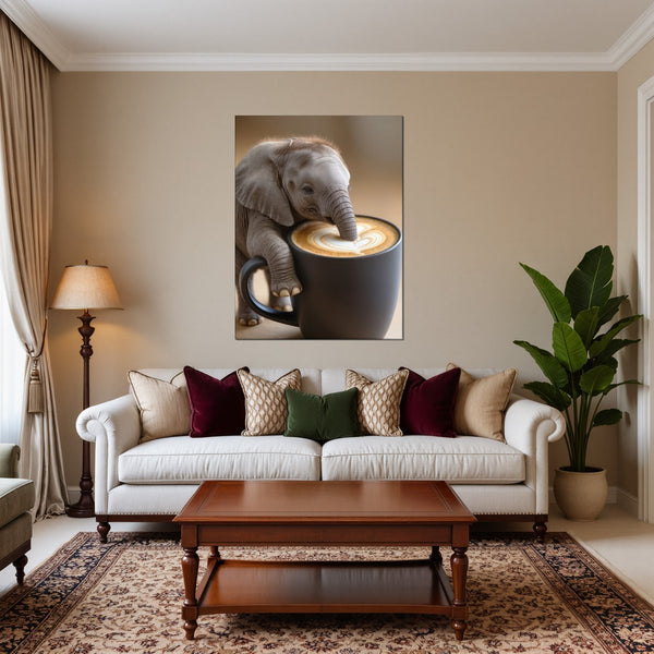 Leinwandbild Kaffeegenuss mit Elefant B-00016 fuer Wohnzimmer warmeFarben Hochformat
