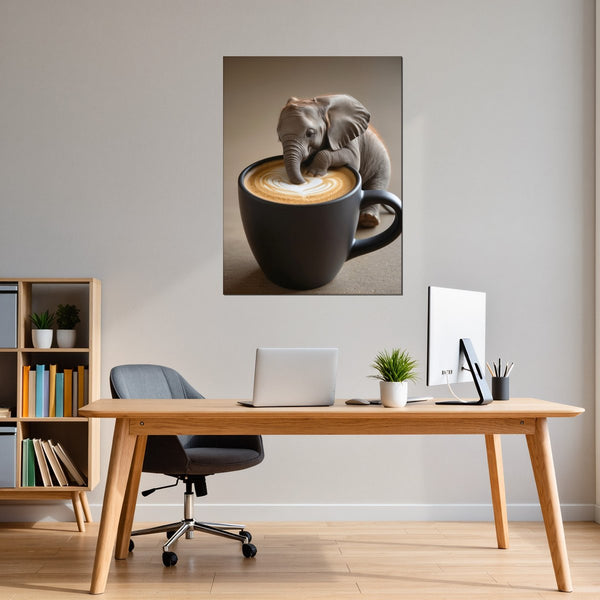 Leinwandbild Kaffeegenuss mit Elefant fuer Buero und Arbeitszimmer warmeFarben Hochformat