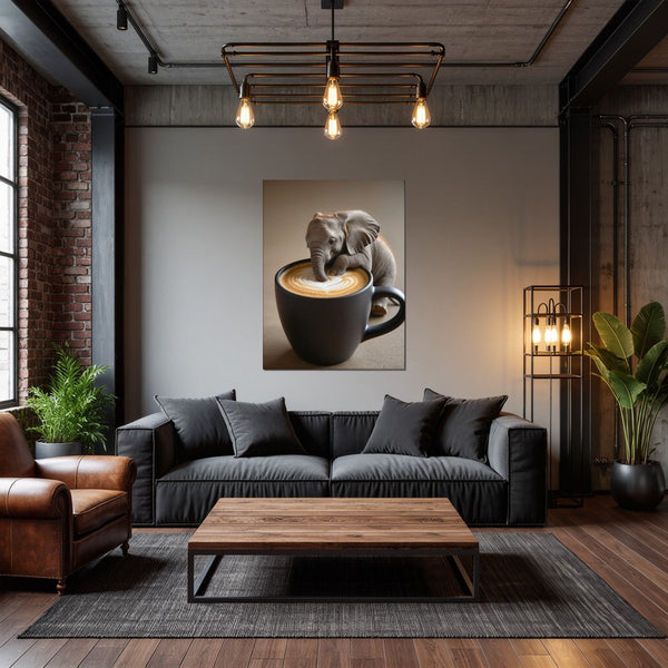Leinwandbild Kaffeegenuss mit Elefant fuer Wohnzimmer dunkelanthrazit Hochformat