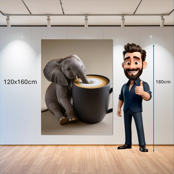 Leinwandbild Kaffeegenuss mit einem kleinen Elefanten 120x160 cm Hochformat