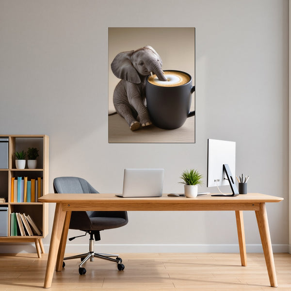 Leinwandbild Kaffeegenuss mit einem kleinen Elefanten fuer Buero und Arbeitszimmer warmeFarben Hochformat