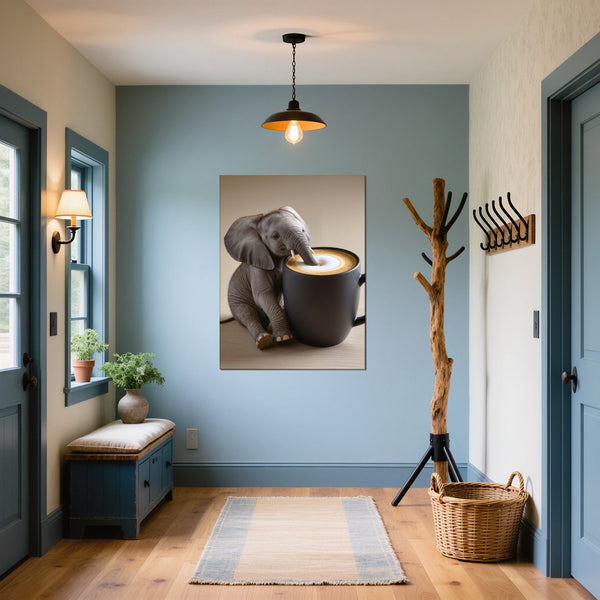 Leinwandbild Kaffeegenuss mit einem kleinen Elefanten fuer Flur und Eingang blau Hochformat