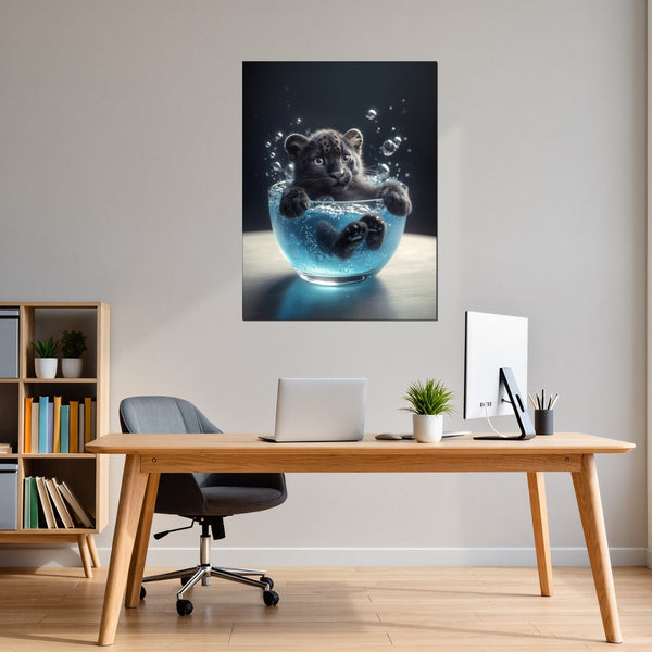 Leinwandbild Kleiner Leopard im Wasser fuer Buero und Arbeitszimmer warmeFarben Hochformat