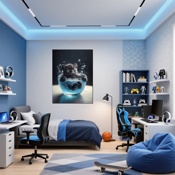 Leinwandbild Kleiner Leopard im Wasser fuer Jugendzimmer blau Hochformat