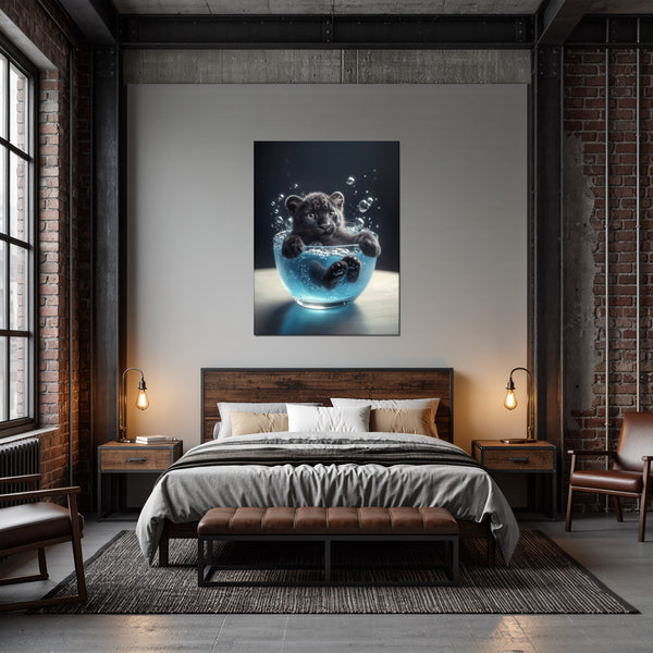 Leinwandbild Kleiner Leopard im Wasser fuer Schlafzimmer dunkelanthrazit Hochformat