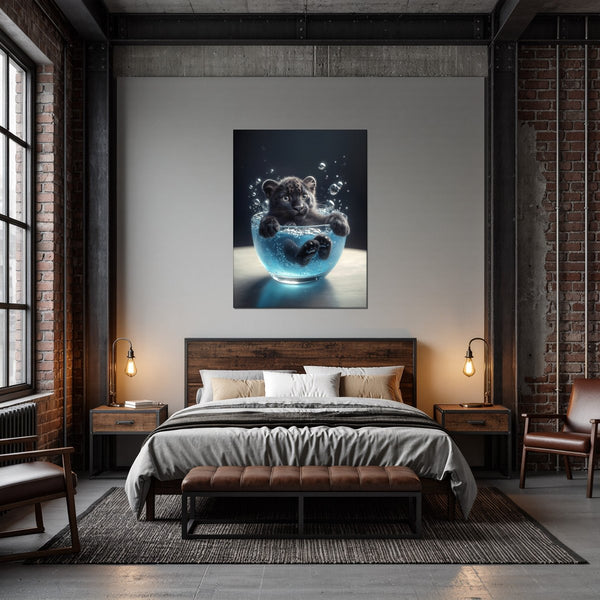 Leinwandbild Kleiner Leopard im Wasser fuer Schlafzimmer dunkelanthrazit Hochformat