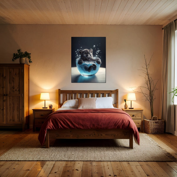 Leinwandbild Kleiner Leopard im Wasser fuer Schlafzimmer warmeFarben Hochformat