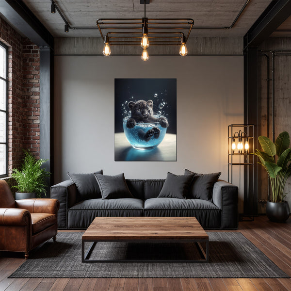 Leinwandbild Kleiner Leopard im Wasser fuer Wohnzimmer dunkelanthrazit Hochformat
