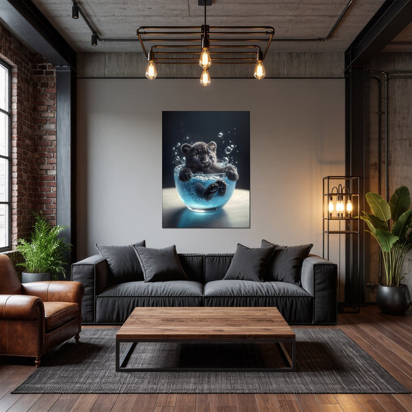 Leinwandbild Kleiner Leopard im Wasser fuer Wohnzimmer dunkelanthrazit Hochformat