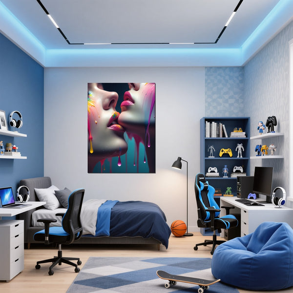 Leinwandbild Kunst der Berührung fuer Jugendzimmer blau Hochformat