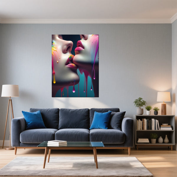 Leinwandbild Kunst der Berührung fuer Wohnzimmer blau Hochformat