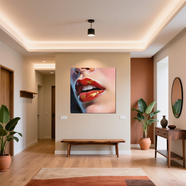Leinwandbild Kunstvolle Lippen fuer Flur und Eingang warmeFarben Quadrat