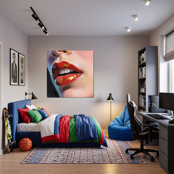 Leinwandbild Kunstvolle Lippen fuer Jugendzimmer warmeFarben Quadrat