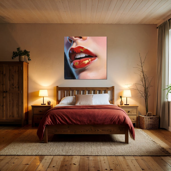 Leinwandbild Kunstvolle Lippen fuer Schlafzimmer warmeFarben Quadrat