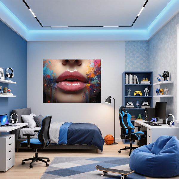 Leinwandbild Lebendige Lippen B-00018 fuer Jugendzimmer blau Querformat