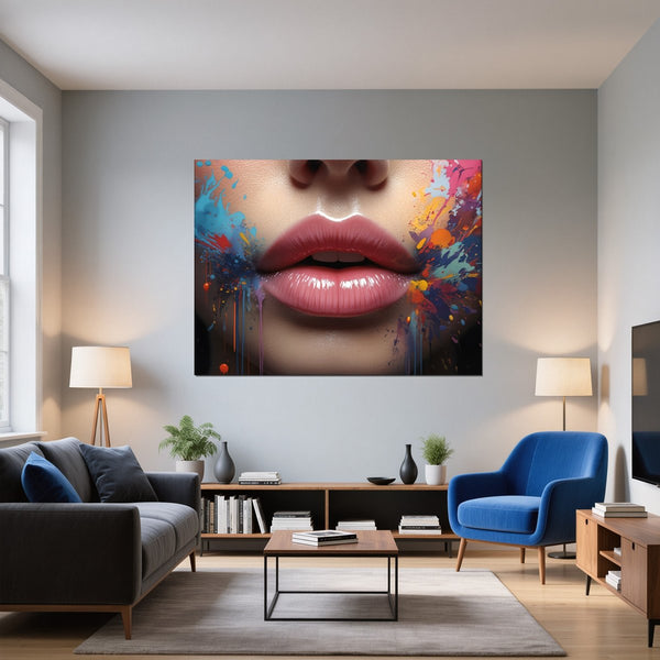 Leinwandbild Lebendige Lippen B-00018 fuer Wohnzimmer blau Querformat