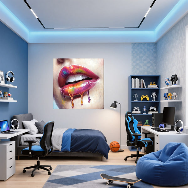 Leinwandbild Lebendige Lippen mit Farbträumen fuer Jugendzimmer blau Quadrat