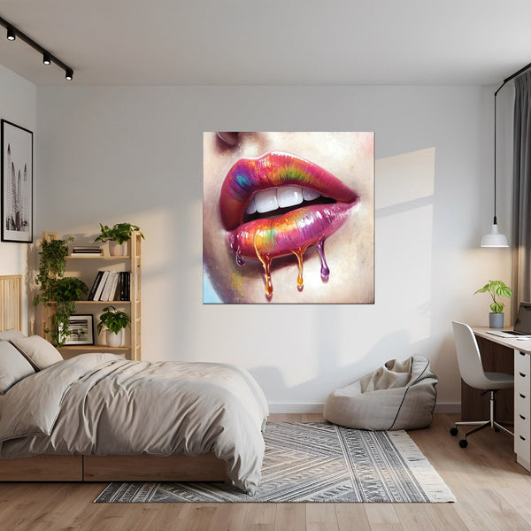 Leinwandbild Lebendige Lippen mit Farbträumen fuer Jugendzimmer grauoderbeige Quadrat
