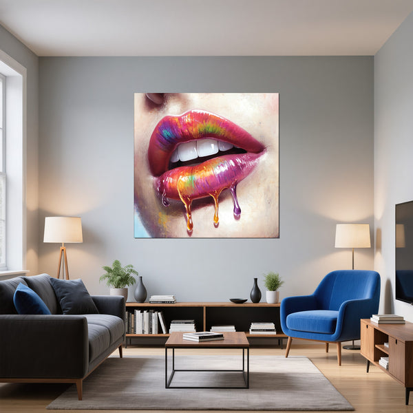 Leinwandbild Lebendige Lippen mit Farbträumen fuer Wohnzimmer blau Quadrat