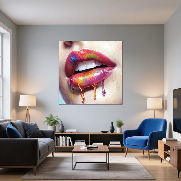 Leinwandbild Lebendige Lippen mit Farbträumen fuer Wohnzimmer blau Quadrat