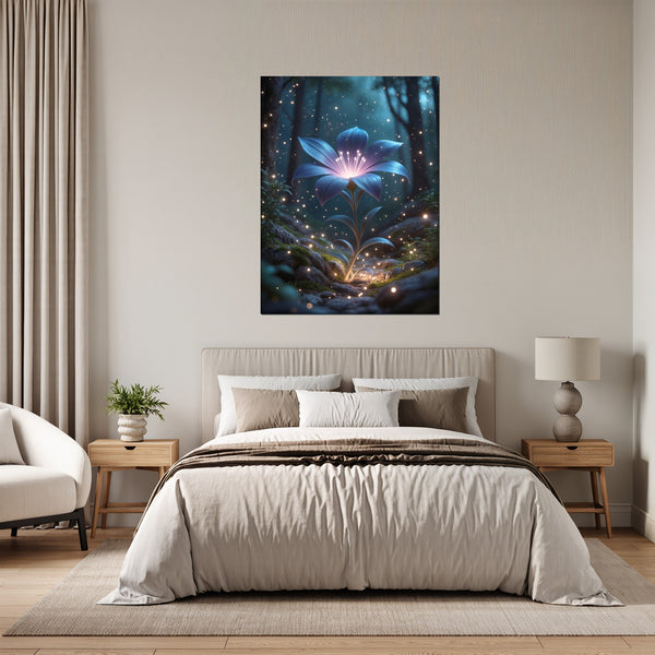 Leinwandbild Leuchtende Blüte im Wald fuer Schlafzimmer grauoderbeige Hochformat