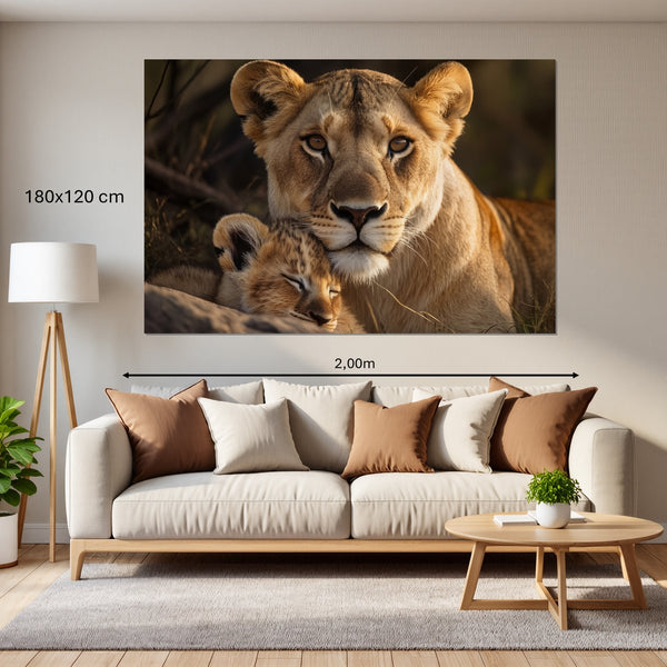 Leinwandbild Löwenmutter mit Jungtier180x120 cm Querformat