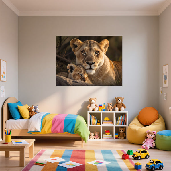 Leinwandbild Löwenmutter mit Jungtier fuer Kinderzimmer Querformat