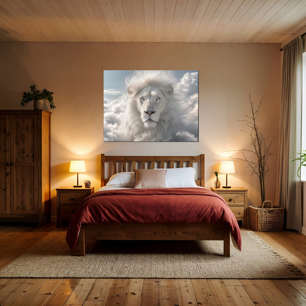 Leinwandbild Majestätischer Löwe im Himmel fuer Schlafzimmer warmeFarben Querformat