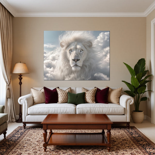 Leinwandbild Majestätischer Löwe im Himmel fuer Wohnzimmer warmeFarben Querformat