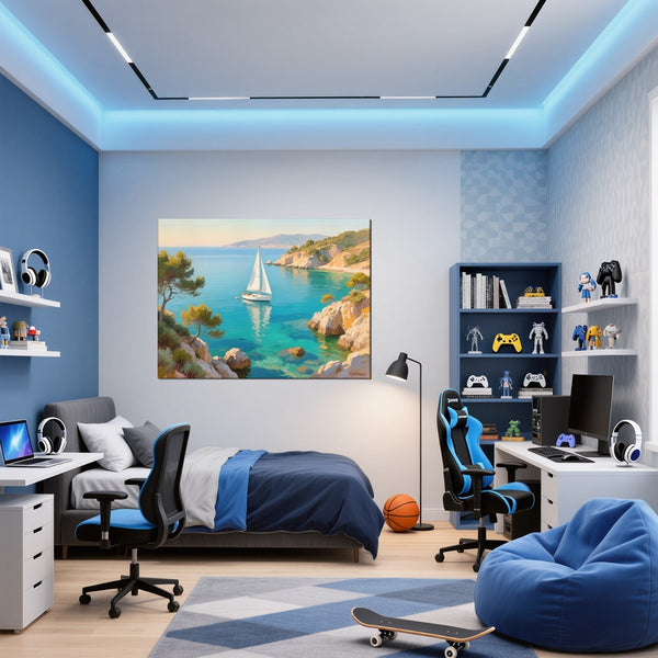 Leinwandbild Mediterranes Segelabenteuer fuer Jugendzimmer blau Querformat