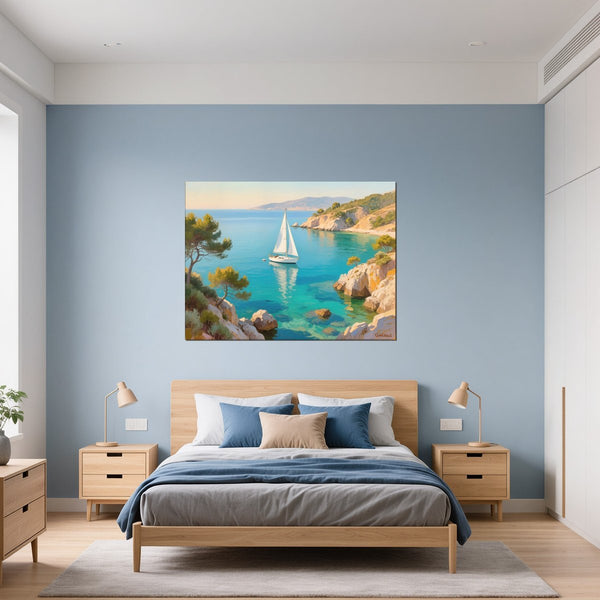 Leinwandbild Mediterranes Segelabenteuer fuer Schlafzimmer blau Querformat