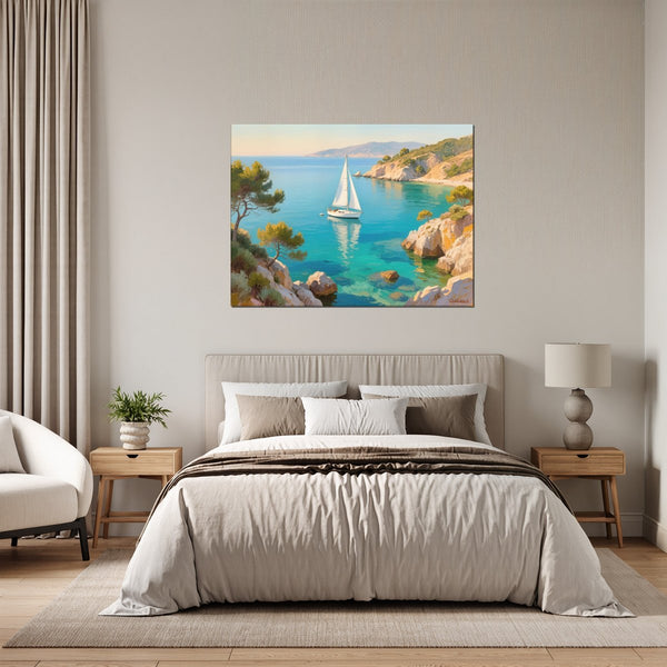 Leinwandbild Mediterranes Segelabenteuer fuer Schlafzimmer grauoderbeige Querformat