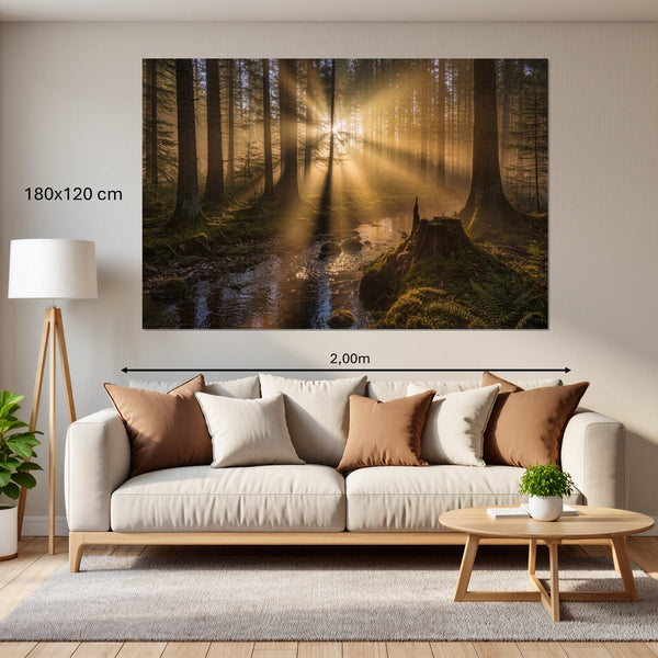 Leinwandbild Mystischer Wald mit Sonnenstrahlen180x120 cm Querformat