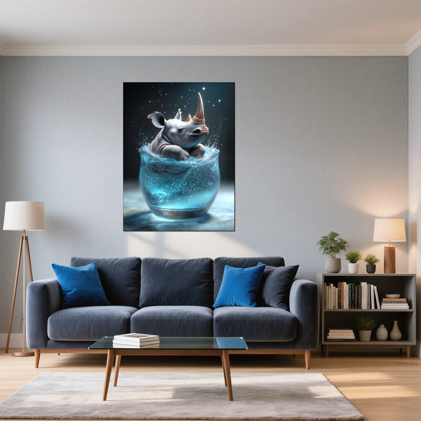 Leinwandbild Rhinoliebe im Glas fuer Wohnzimmer blau Hochformat