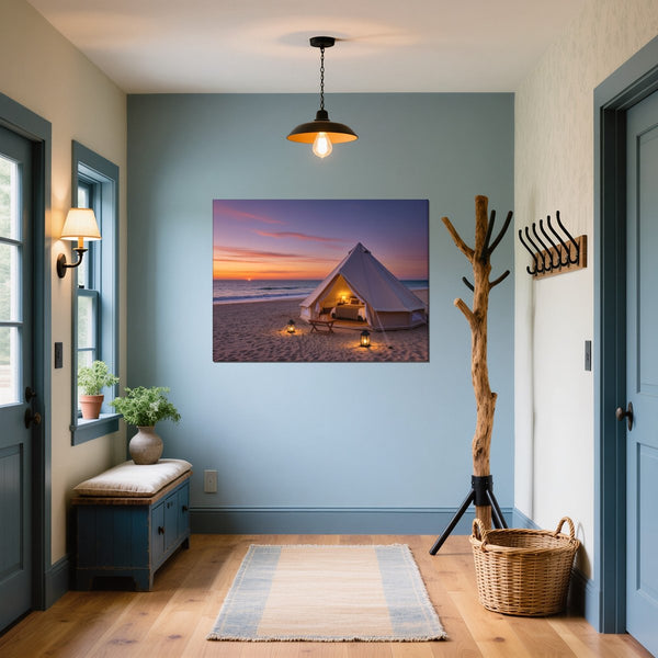Leinwandbild Romantisches Strandzelt bei Sonnenuntergang B-00019 fuer Flur und Eingang blau Querformat