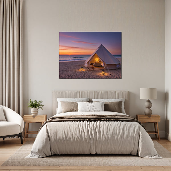 Leinwandbild Romantisches Strandzelt bei Sonnenuntergang B-00019 fuer Schlafzimmer grauoderbeige Querformat