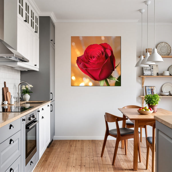 Leinwandbild Rote Rose in voller Blüte B-00017 fuer Kueche und Esszimmer grauoderbeige Quadrat