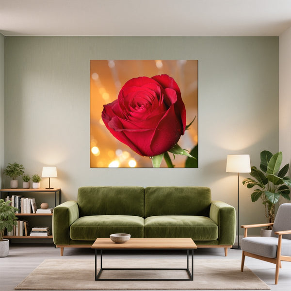 Leinwandbild Rote Rose in voller Blüte B-00017 fuer Wohnzimmer gruen Quadrat