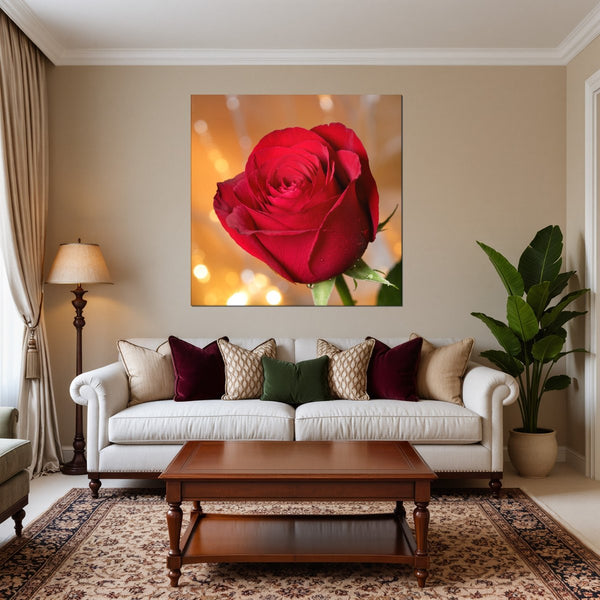 Leinwandbild Rote Rose in voller Blüte B-00017 fuer Wohnzimmer warmeFarben Quadrat