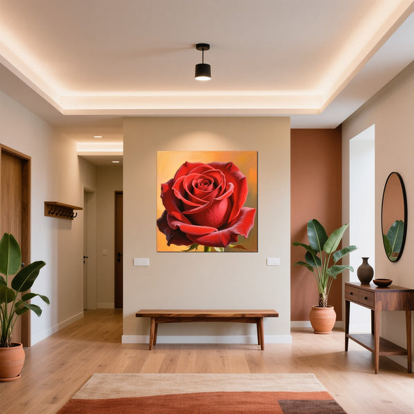 Leinwandbild Rote Rose in voller Blüte fuer Flur und Eingang warmeFarben Quadrat