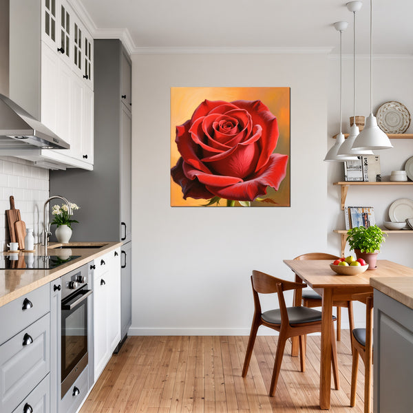 Leinwandbild Rote Rose in voller Blüte fuer Kueche und Esszimmer grauoderbeige Quadrat
