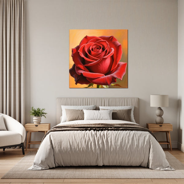 Leinwandbild Rote Rose in voller Blüte fuer Schlafzimmer grauoderbeige Quadrat