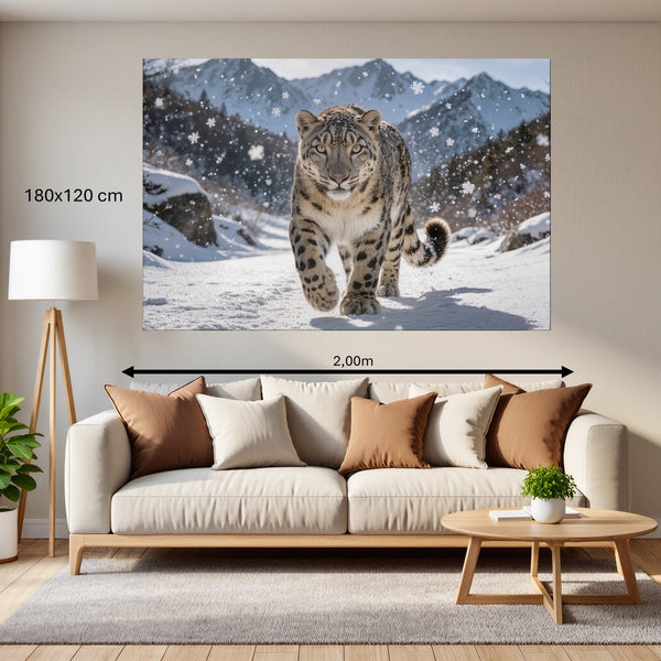 Leinwandbild Schneeleopard im Winterwunderland 180x120 cm Querformat