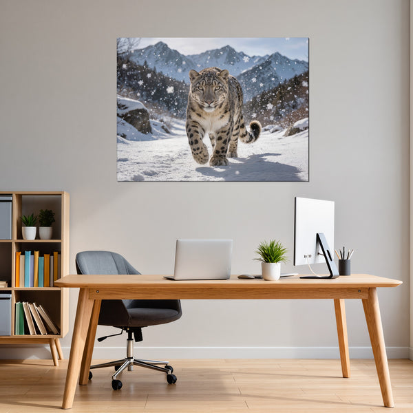 Leinwandbild Schneeleopard im Winterwunderland fuer Büro- und Arbeitszimmer grauoderbeige Querformat
