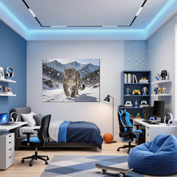 Leinwandbild Schneeleopard im Winterwunderland fuer Jugendzimmer blau Querformat